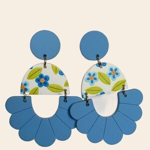 Blue Floral Polymer Clay Dangle Earrings